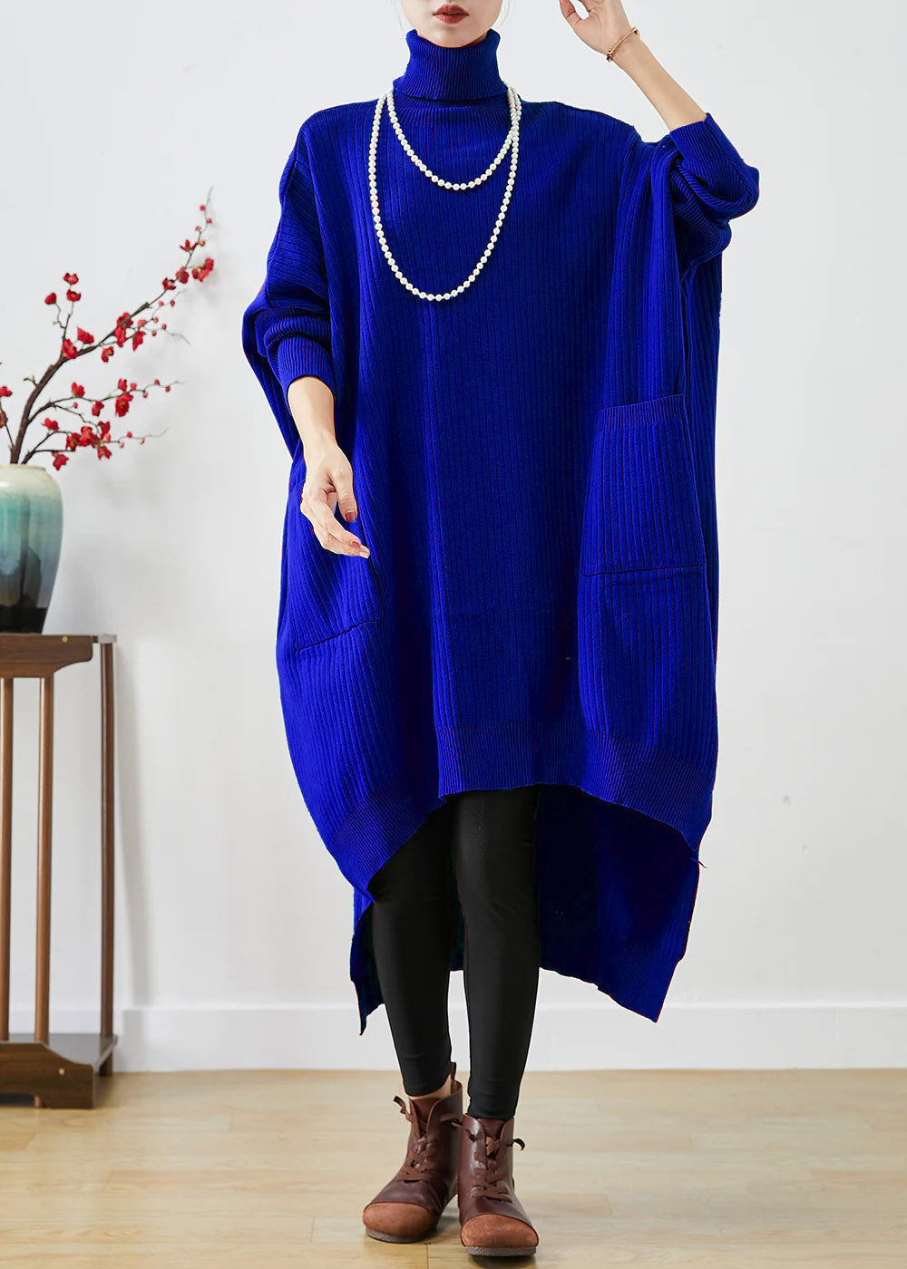 Blue Oversized Knit Sweater Dress Turtle Neck Asymmetrical Batwing Sleeve