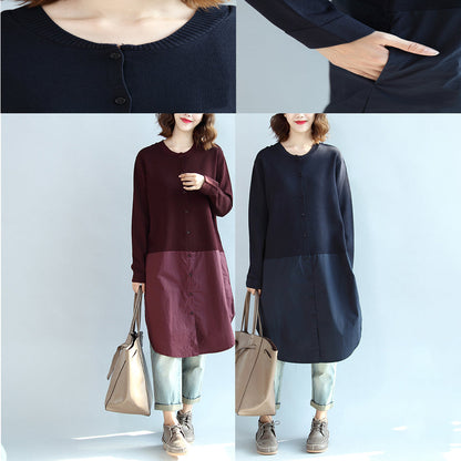 2021 fall burgundy patchwork hem cotton sweater dresses plus size casual knit shirts dress