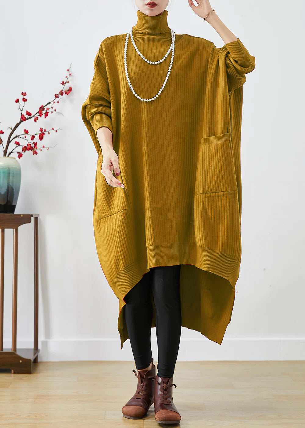 Blue Oversized Knit Sweater Dress Turtle Neck Asymmetrical Batwing Sleeve