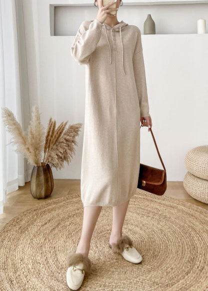 Apricot Button Knitted Dress Cinched Winter