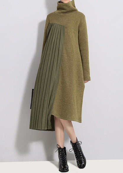 Army Green Silk Patchwork Thick Knit Dress Spring