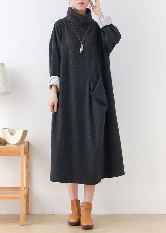 Art Grey Pockets Patchwork Fall Long Sleeve Robe Dresses