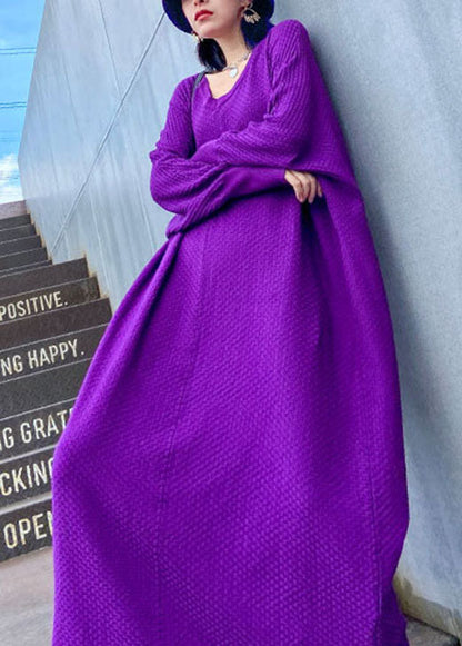 Art Purple V Neck Loose Casual Fall Long Knit Dress