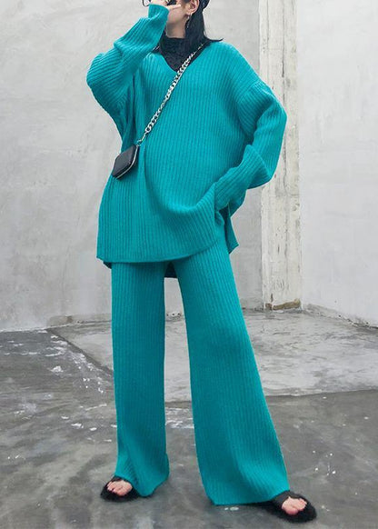 Autumn and winter suit 2021 new women's fashion knitted wide leg pants blue green two piece