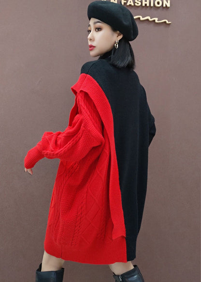 Beautiful Red Turtle Neck Patchwork Knitwear Dress Winter