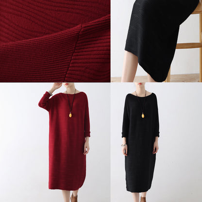 Burgundy wave knit sweater dresses casual long winter dresses cotton sweaters winter 2021