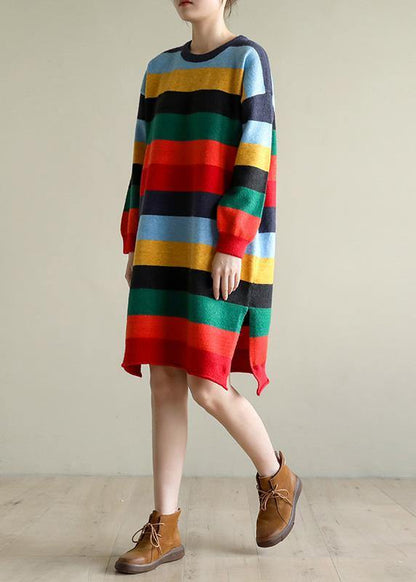 Christmas rainbow striped Sweater knit top pattern Moda side open oversized spring knitted tops