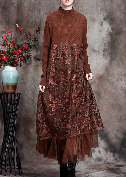 Chocolate O-Neck Embroidered Patchwork Fall Long Knit Dress