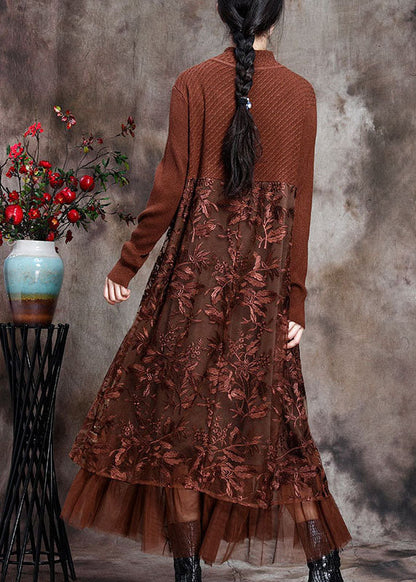 Chocolate O-Neck Embroidered Patchwork Fall Long Knit Dress