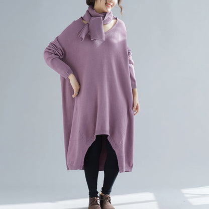 Comfy o neck asymmetric Sweater Aesthetic Largo purple Ugly knit dress