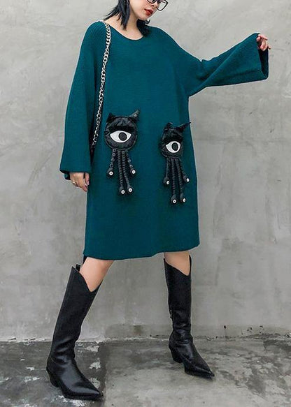 Cozy blue Sweater dress outfit o neck Three-dimensional decoration oversized knitwear