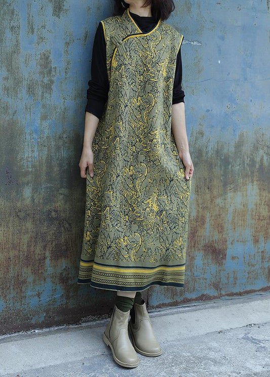 Cozy yellow green Dress weather Beautiful Chinese Button Art sleeveless dresses