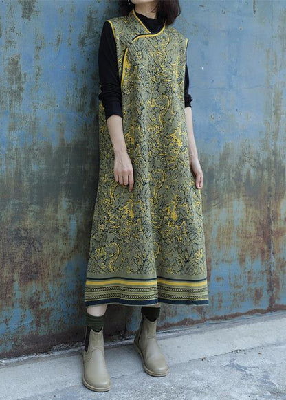 Cozy yellow green Dress weather Beautiful Chinese Button Art sleeveless dresses