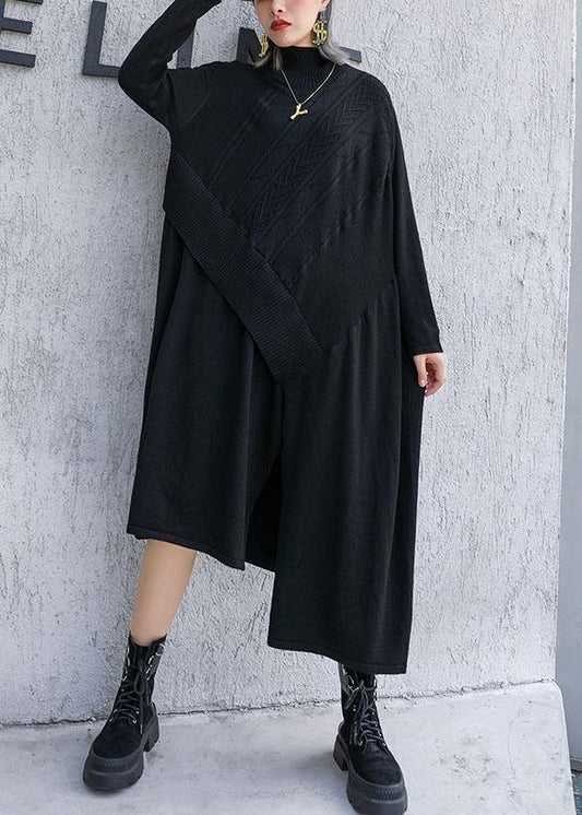 Cute black Sweater dress outfit plus size side open asymmetric oversized fall knit top