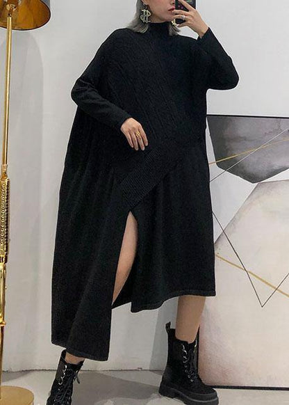 Cute black Sweater dress outfit plus size side open asymmetric oversized fall knit top