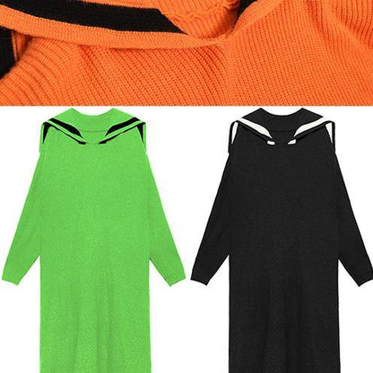 Cute green Sweater dresses plus size Sailor Collar Art winter sweater dresses