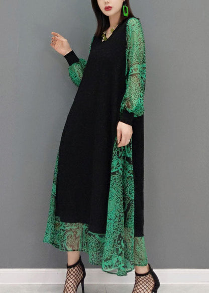 Diy Green O-Neck tie waist lace Patchwork Knit Dress Spring