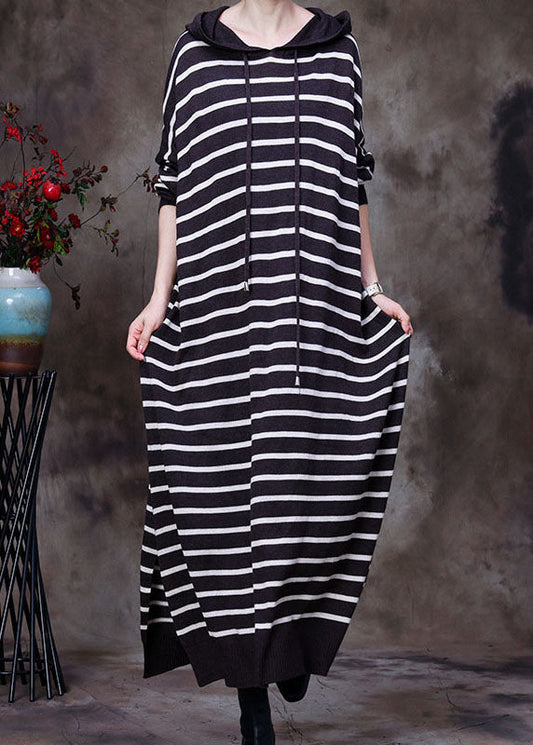 Elegant Chocolate drawstring Hooded Striped Knit Long Dresses Spring