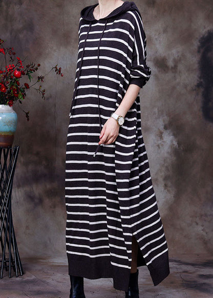 Elegant Chocolate drawstring Hooded Striped Knit Long Dresses Spring