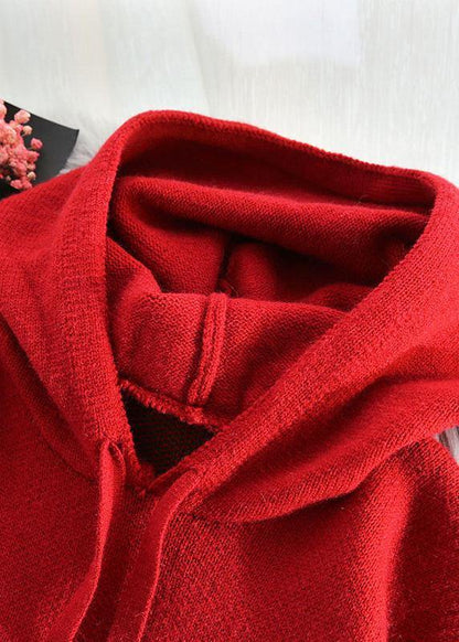 Fashion red Sweater weather Vintage hooded drawstring Hipster knitwear