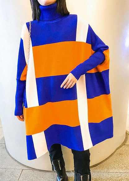 French Blue Turtleneck Patchwork Fall Striped Knitwear Dress