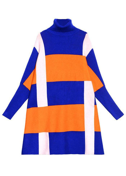 French Blue Turtleneck Patchwork Fall Striped Knitwear Dress