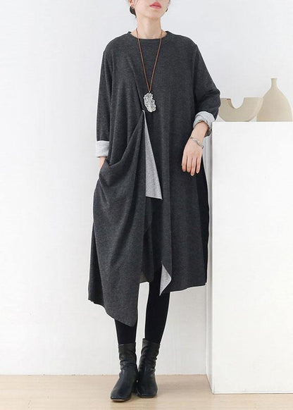 French Grey O-Neck Patchwork Fall Dress Long Sleeve