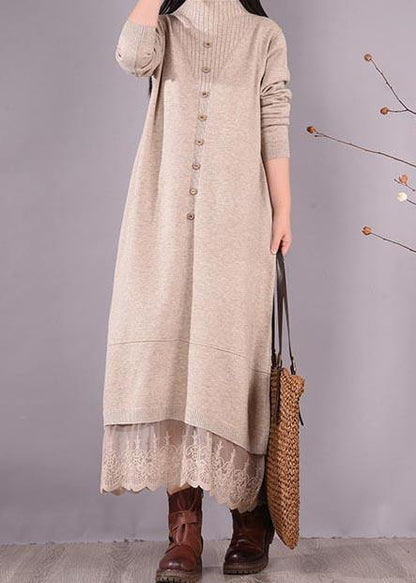 French O Neck Patchwork Lace Spring Clothes For Women Sewing Beige Robe Dresses