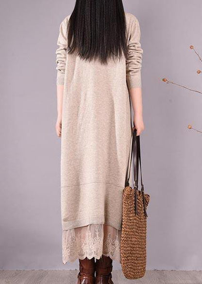 French O Neck Patchwork Lace Spring Clothes For Women Sewing Beige Robe Dresses