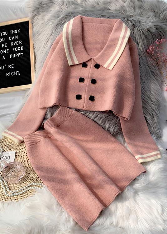 French Pink Knitted suit women's new short sweater Pullover skirt two piece set in early autumn 2021