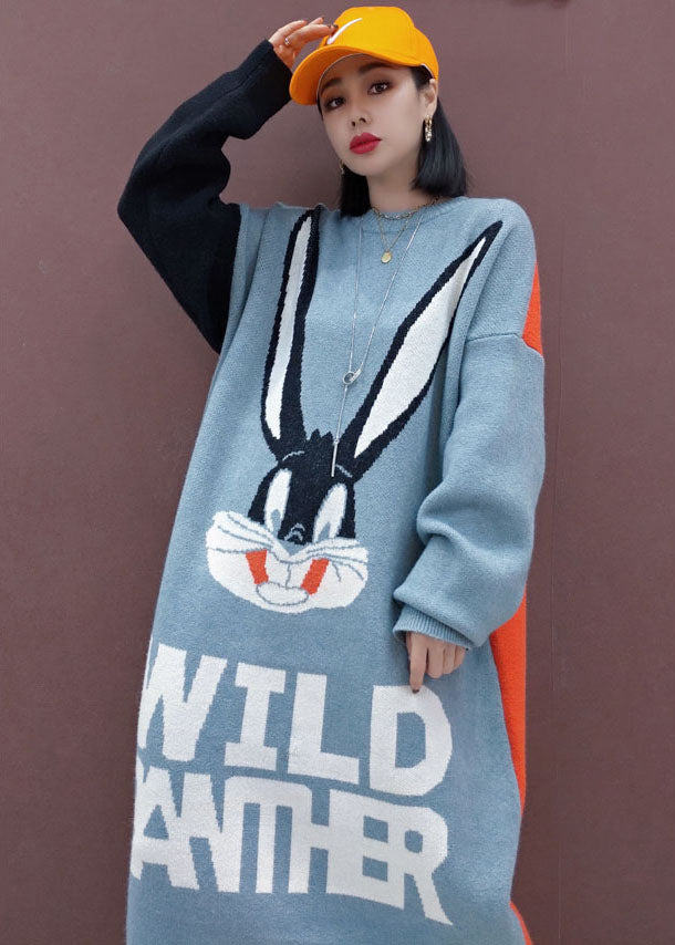 Grey Patchwork Graphic Knit Long Sweater Spring