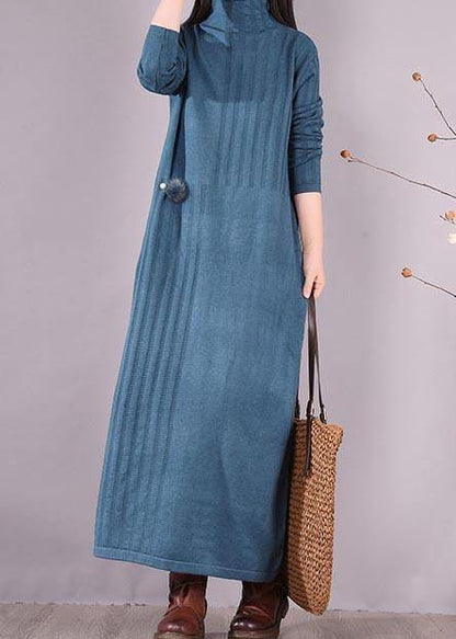 Handmade Blue Dresses High Neck Long Spring Dresses