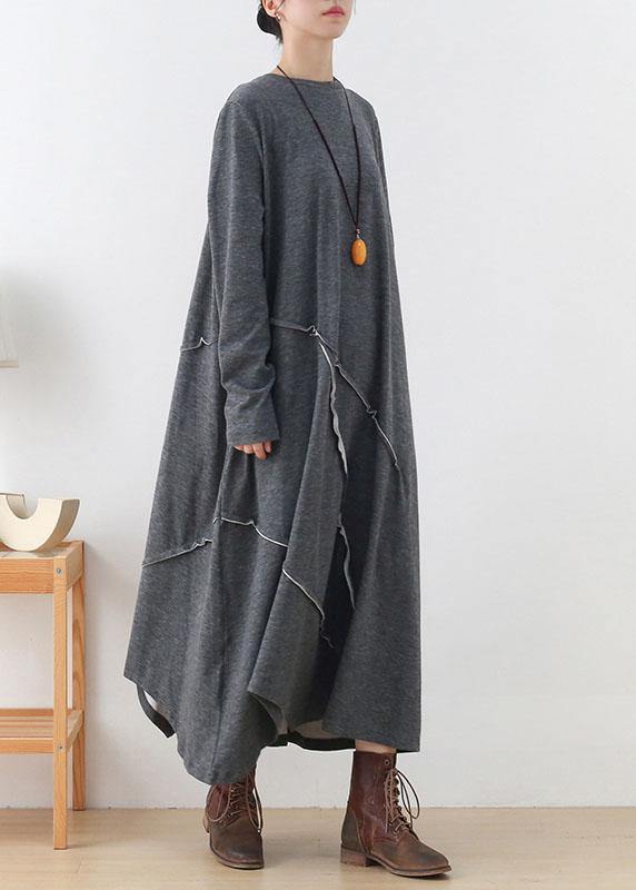 Handmade Grey Loose Asymmetrical Design Fall Long Sleeve Holiday Dress