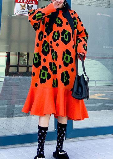 Knitted o neck Ruffles Sweater outfits plus size orange print knitted dress