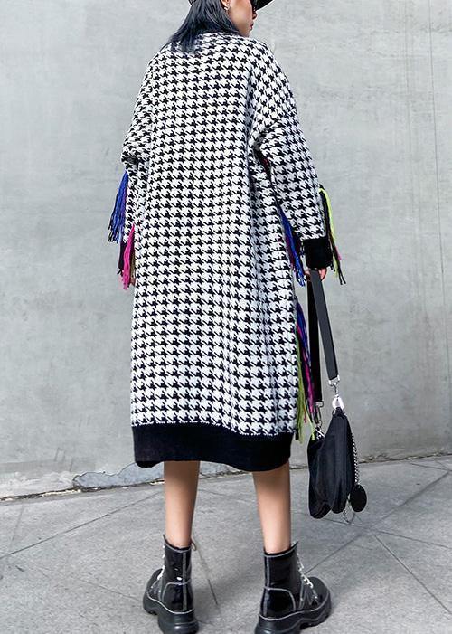 Knitted plaid Sweater dresses Design tassel oversized high neck sweater dresses