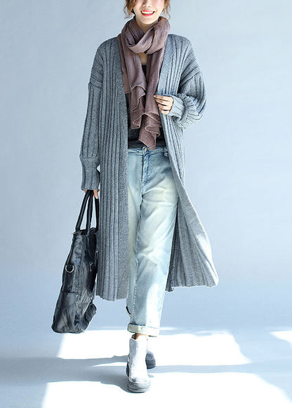 Organic Grey V Neck Loose Fall Knit Long Sweater Cardigans