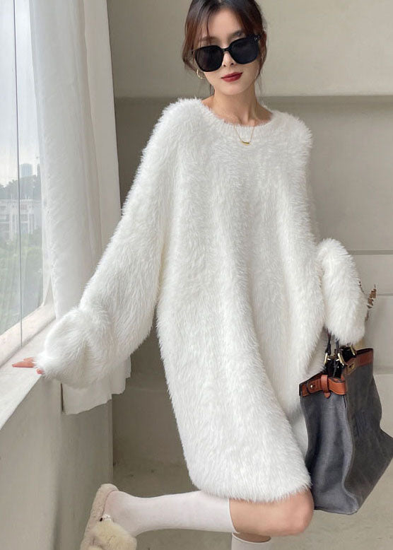 Organic White V Neck Mink Hair Knitted Sweater Dress Winter