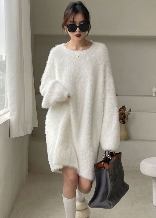 Organic White V Neck Mink Hair Knitted Sweater Dress Winter