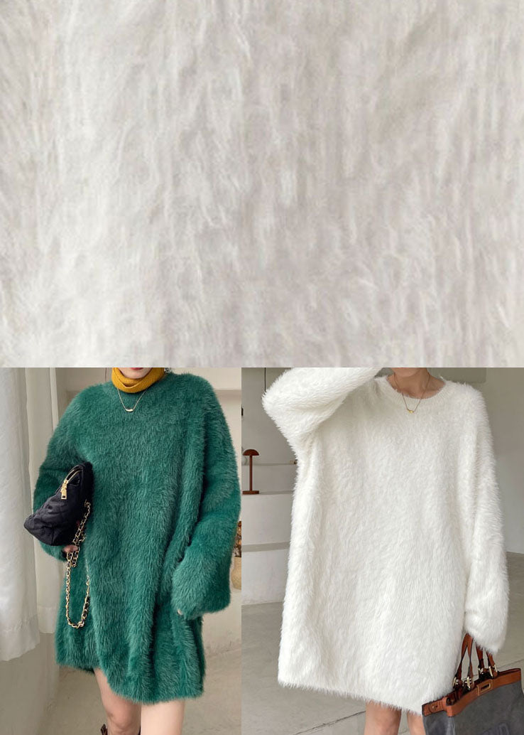 Organic White V Neck Mink Hair Knitted Sweater Dress Winter