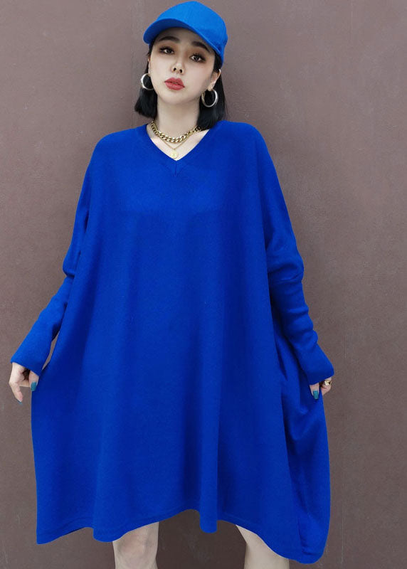 Plus Size Blue Loose Knit Dresses Spring