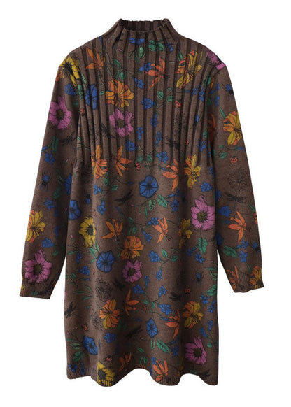 Plus Size Chocolate Turtleneck Print side open Fall Floral Knit Sweater