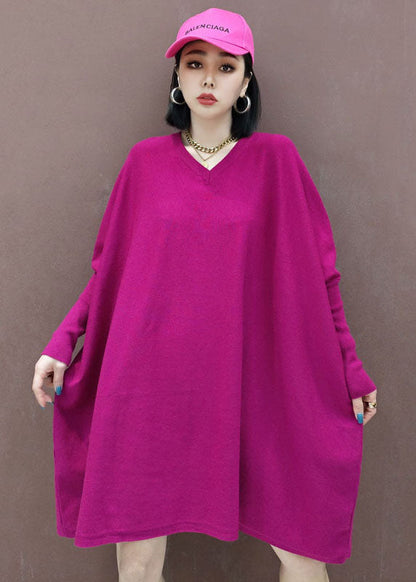 Plus Size Rose V Neck Solid Knit Dress Spring