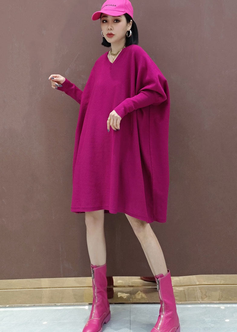 Plus Size Rose V Neck Solid Knit Dress Spring