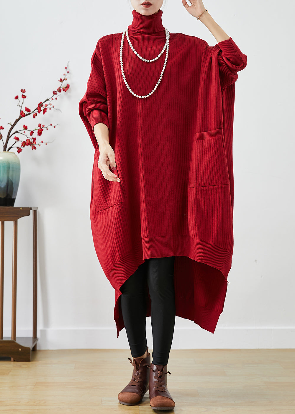 Orange Oversized Knit Sweater Dress Turtle Neck Asymmetrical Batwing Sleeve