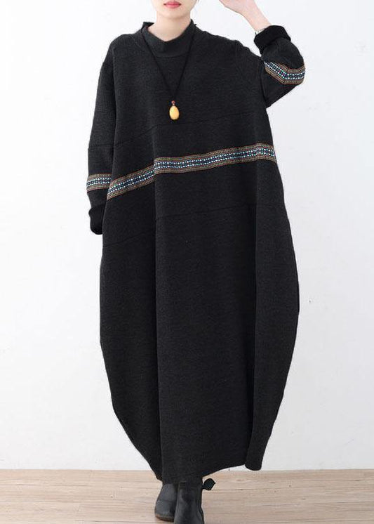 Simple Black Patchwork Print Loose Fall Dress