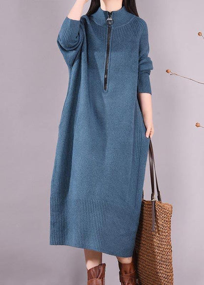 Simple Zippered Pockets Spring Clothes For Women Work Outfits Blue Robes Dresses