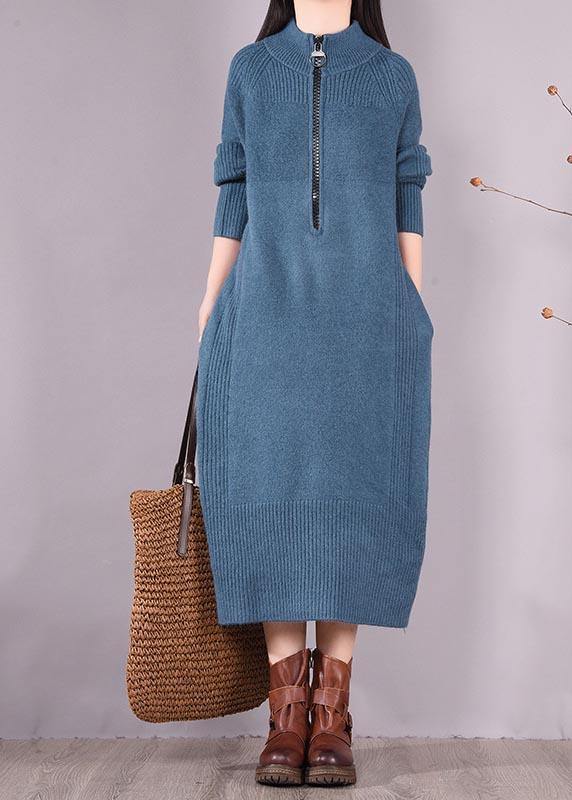 Simple Zippered Pockets Spring Clothes For Women Work Outfits Blue Robes Dresses