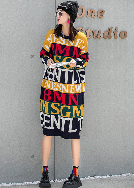 Unique O-Neck Loose Graphic Fall Knit Dress Long Sleeve