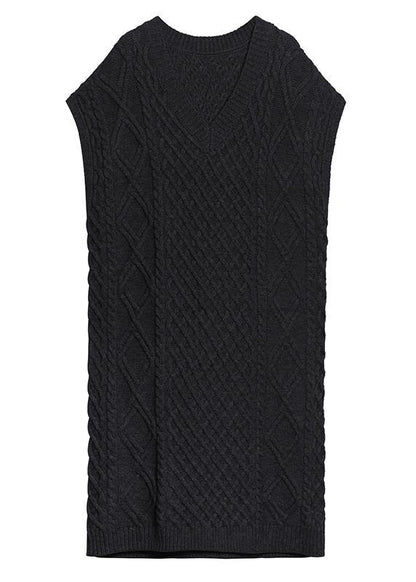 Vintage v neck sleeveless Sweater spring dress outfit Design black tunic knitted dress