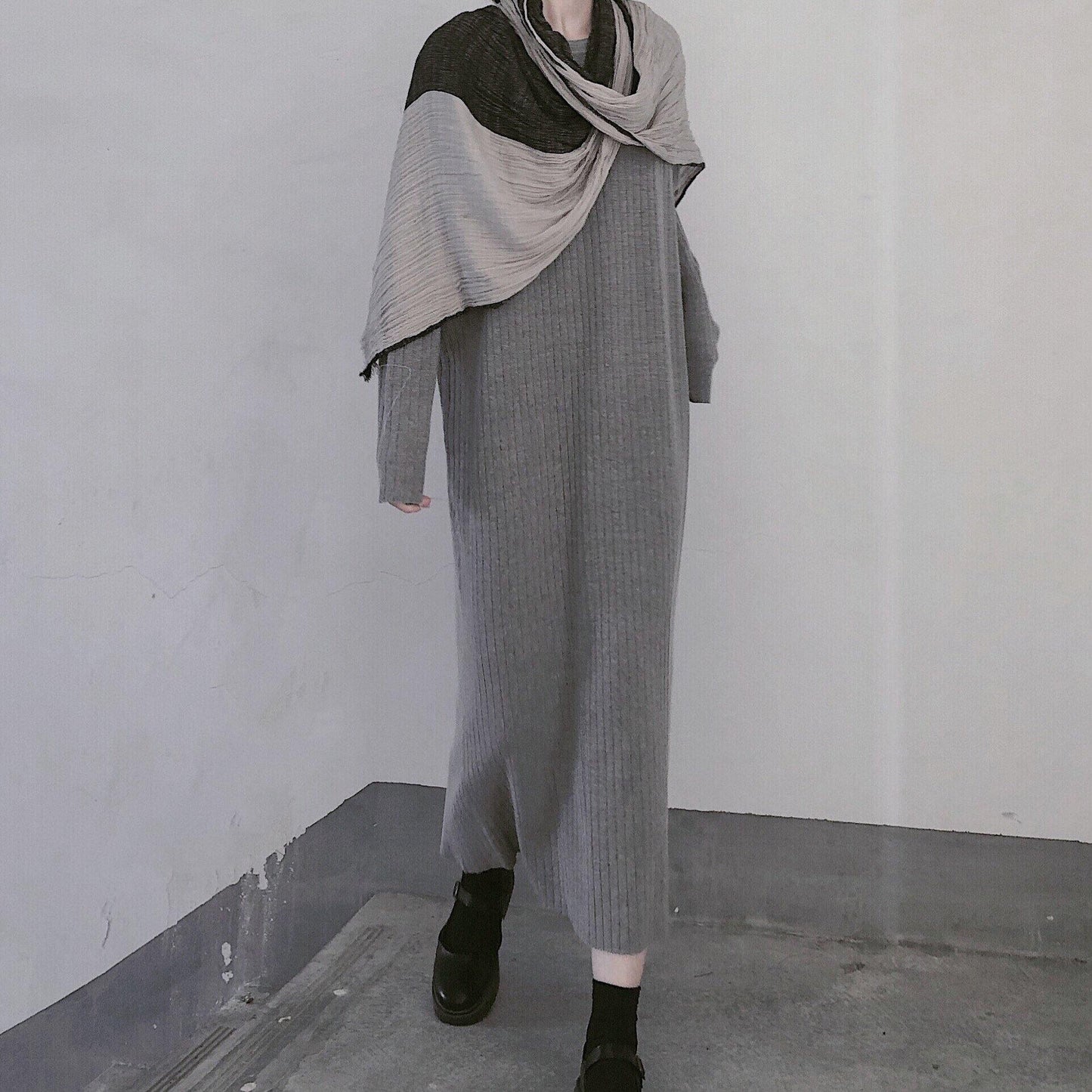 Winter Gray Sweate Outfit Refashion O Neck Long Sleeve Art  Knit Dresses